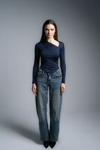 Lajj Asymmetrical long sleeve top-navy blue