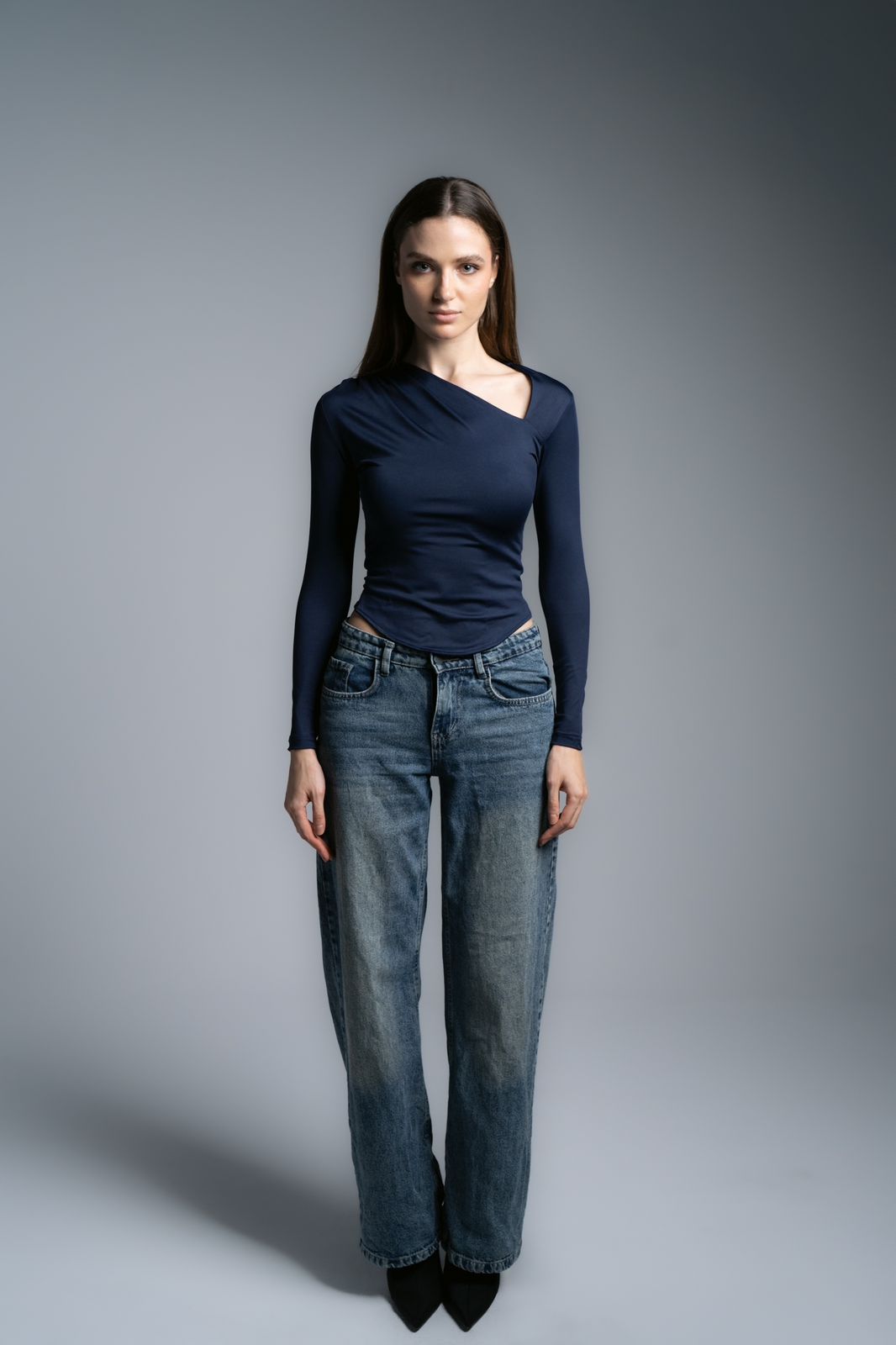 Lajj Asymmetrical long sleeve top-navy blue